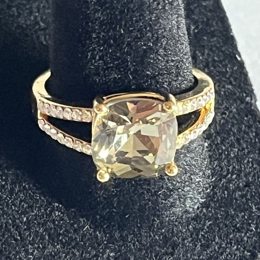 Gold Tone Statement Ring Large Cushion Cut Champagne Stone Size 9 NEW